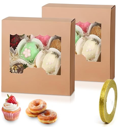 XMDROU Cookie Boxes, 35 Pack Bakery Pastry Boxes with Window, Brown Cupcake Box Mini Cake Box with 1 Wrapping Ribbon for Muffins Pastry Cupcake Candy Pie Party Favours (13,5 x 13,5 x 5cm)