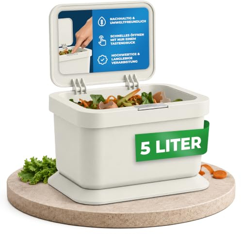 YourCasa Biomülleimer Küche 5L - geruchsdichter Bio Mülleimer mit Deckel & Knopfdruck-Mechanismus - Komposteimer & Bioabfallbehälter klein für Biomüll (Creme)