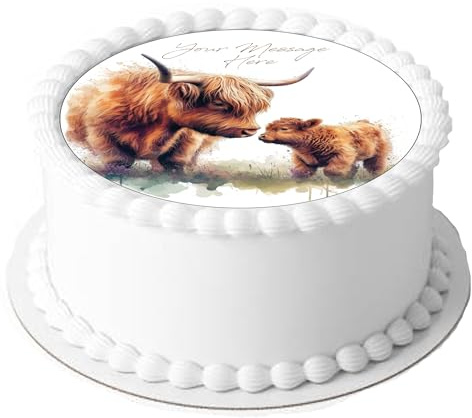 Personalised Message Highland Cow Themed 7.5inch CIRCLE Edible Icing Cake Topper Decoration. Perfect for large cakes