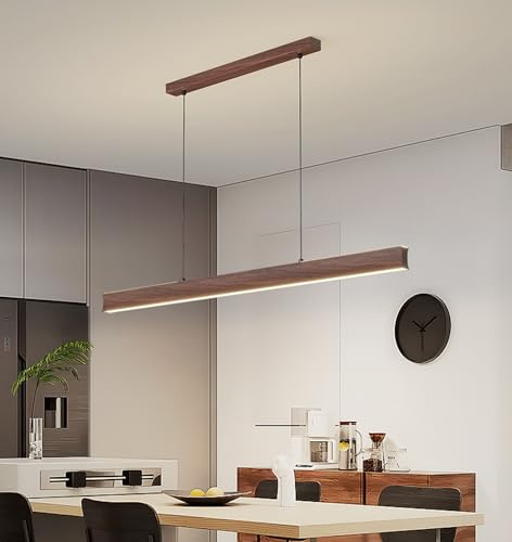 Dimmbar LED Pendelleuchte mit Fernbedienung,360° oben und unten leuchten Hängelampe,Lineares Design Hängeleuchte Esszimmerlampe Höhenverstellbar Bürolampe Esstischlampe (Nussholzfarbe, 100cm/40w)
