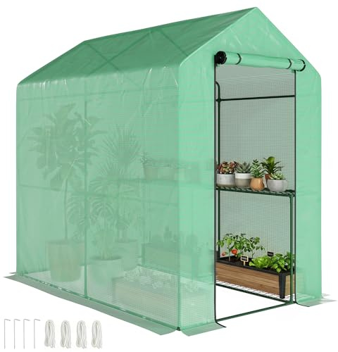 Outsunny Serre de Jardin PE avec étagère 2 Niveaux, Serre de Balcon, bâche renforcée 140 g/m², châssis en Acier, Porte zippée Enroulable, pour légumes Plantes Fleurs, 186 x 120 x 190 cm, Vert