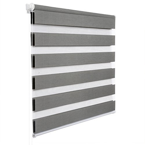 WOLTU Doppelrollo Klemmfix ohne Bohren Holzlook Grau B60 x H150 cm, Duo Rollo Zebrarollo Fensterrollo Klemmrollo Seitenzugrollo Easyfix lichtdurchlässig & verdunkelnd Rollos für Fenster und Tür