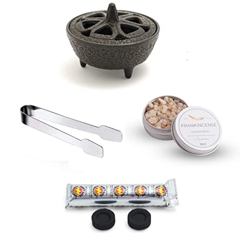 Incense Burner Kit with Cast Iron Burner, Charcoal and Tongs (Frankincense)