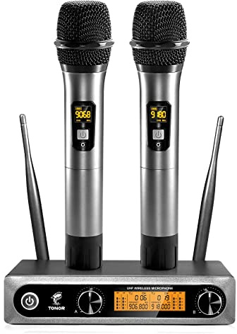 TONOR Wireless Microphones System, 2 * 15 Channel Metal Professional UHF Cordless Dynamic Handheld Mics with Receiver for Home Karaoke, Meeting, Party, Church, Wedding, KTV, 60 m/200ft, TW-820 Silver