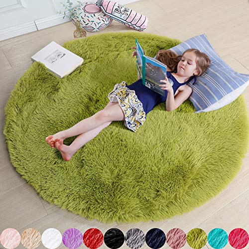 Grasgrüner runder Teppich für Schlafzimmer, flauschiger Zottelteppich, für Kinderzimmer, Klassenzimmer, Kinderzimmer, coole Wohnzimmer-Dekoration, ästhetisch, niedlicher flauschiger Moos-Bodenteppich