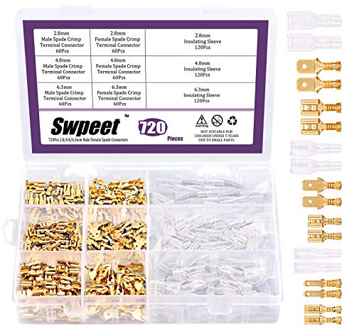 Swpeet 720Pcs Gold 2.8/4.8/6.3mm männlich und weiblich Spade Schnellverbinder Draht Crimp Terminal Block mit Isolierhülse Sortiment Kit perfekt für elektrische Verdrahtung
