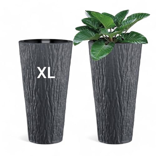 MELTOM Blumenkübel Blumentopf Rund Slim Hoch 3D Effekt Pflanzkübel mit Herausnehmbaren Einsatz Größe XL Anthrazit