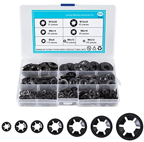 QIMEI-SHOP 500 Stück Sicherungsscheiben Unterlegscheiben Innenzahn Sicherungsscheibe M3 M4 M5 M6 M8 M10 M12 Unterlegscheibe Sortiment Kit Schwarz