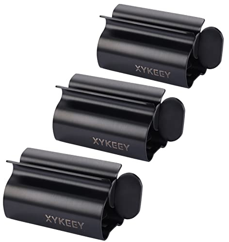 Toothpaste Tube Squeezer - Set of 3 Toothpaste Squeezer Rollers, Metal Toothpaste Tube Wringer Seat Holder Stand XYKEEY (Matt Black)