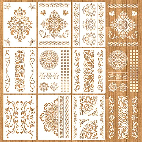MWOOT 9 Pezzi Mandala Fiore Stencils Pittura, Kit Stencil Colore Disegno DIY, Riutilizzabile Painting Templates Accessori per Fai Da Te Legna Mobili Parete Cucina Scrapbooking Decorazioni(28x21CM)