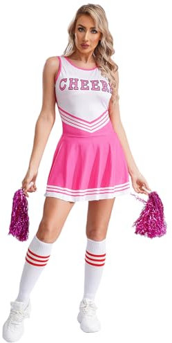 renvena Damen Cheer Leader Kostüm Set Sexy Minikleid mit Pompons Strümpfe Karneval Halloween Fasching Cosplay Outfit Party Tanz Kostüme Rosa L