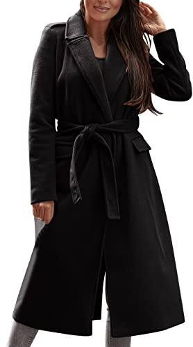 L9WEI Abrigo de lana largo elegante para mujer con cinturón, manga larga, cuello vuelto, gabardina, ropa de abrigo cálida, otoño invierno, chaqueta de moda