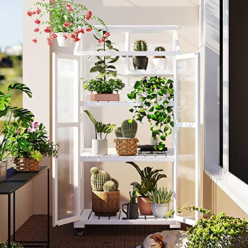 62inch Large Outdoor Garden Potting Bench Table Height Wood Greenhouse Balcony Portable Cold Frame with Wheels and Adjustable Shelves for Outdoor Indoor Use, White