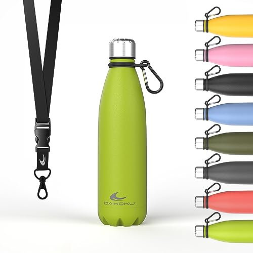 Daikoku Edelstahlflasche + verstellbarer Riemen + Karabiner, BPA freie doppelwandige Thermosflasche, wiederverwendbare Wasserflasche, luftdichter Verschluss, Sportflasche, Fluorgrün, 500ML