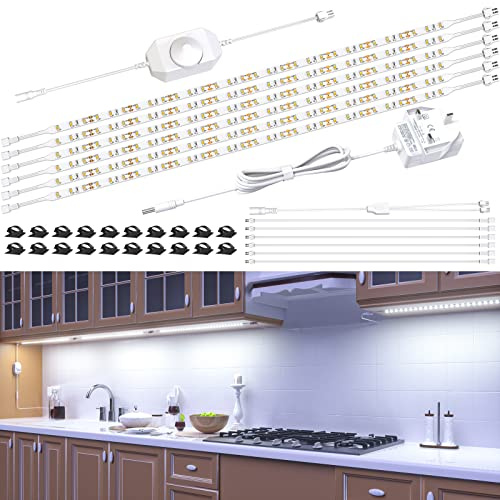 Hensam Under Cabinet Lights, 6PCS*50cm LED Light Strips, 6000K Cool White | Dimmable Counter Light for Kitchen, Shelf, Cupboard, Cabinet, Closet, Showcase, 12V Power Adapter, Dimmer, 180 LED, 1500Lumen
