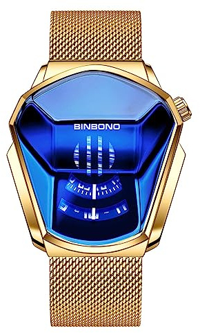 Creative Fashion - Reloj digital binario LED azul para hombre, acero inoxidable, plateado, impermeable, con retroiluminación LED, chapado, Z dorado y azul, Reloj binario LED