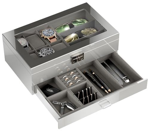 ProCase Portagioie Uomo di Lusso a 2 Livelli, Porta Orologi Uomo a 6 Posti in Legno, Custodia Orologio con Coperchio in Vetro, Scatola per Gioielli Orologio Occhiali da Sole - Grigio