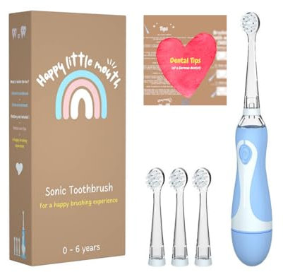 HappyLittleMouth elektrische Zahnbürste electric baby toothbrush for babies children (0-6 years)+dental care tips!(by German dentist) Gentle Soft Bristles, Sonic Technology,Colorful LED Lights BLUE