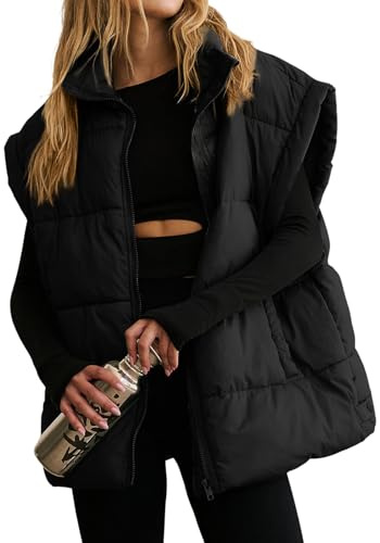Dokotoo Womens Plus Size Black Puffer Vest Warm Stand Collar Cropped Casual Zip Padded Vest Sleeveless Outerwear Jacket Winter Coats for Women Quilted Vest with Pockets XX-Large