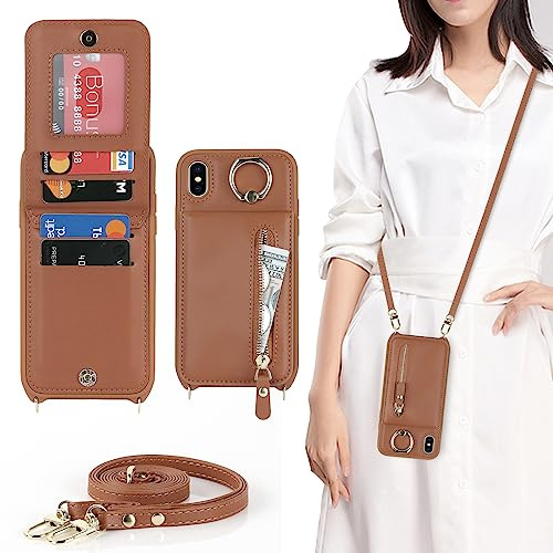 CAVOR Handykette iPhone X/XS Hülle Mit Band,Handyhülle iPhone X/XS,Flip Leder Geldborse Handyhülle,[4 Kartenfach][Mit Ring Stander][Schnalle],Klapphülle Handyhülle für iPhone X/XS - Braun