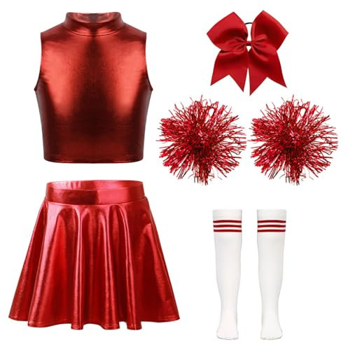 Oyolan Kinderkostüm Cheerleadering Cheer Uniformen mit Pompons Socken und Haarzubehör Tanz Outfit Karneval Kostüm für 7-14 Jahre B Rot 134-140