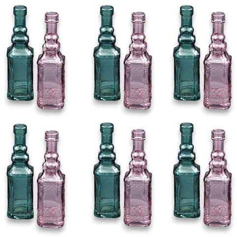 Generico 12 Bottiglie Piccole in Vetro Colorate con Decorazione, Capienza 50 ml Circa, Altezza 11 cm Fondo 3 cm Decorazione per Casa Tavolo Festa, Vaso PortaFiori Centro Tavola