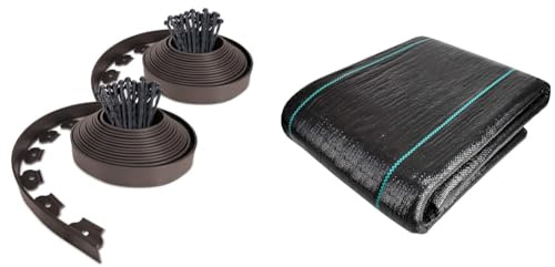 VOUNOT Bordo Giardino Flessibile, Bordi Aiuole Plastica, con 60 Chiodi di Fissaggio & Telo Pacciamatura 2m x 10m 100g/m2, Telo Anti Erbacce per Orto, Giardino, Stabilizzazione UV, Nero