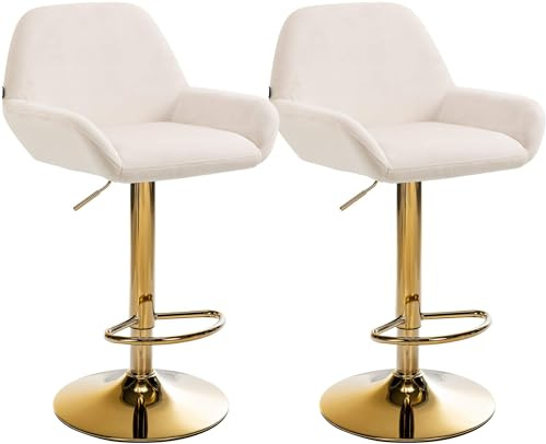 CLP 2er Set Barhocker Braga Samtbezug Gold-Gestell I höhenverstellbar und 360 drehbar I moderner Barstuhl mit Fußstütze für Küche und Bar | Farbe Creme
