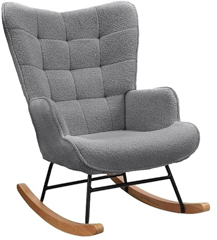 Lazyspace Sillón mecedora de relax, sillón de lactancia, columpio, sillón balancín, con estructura de metal y base de madera, soporta hasta 130 kg, tela de peluche, color gris oscuro, 75 x 68 x 92 cm
