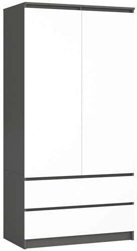 AKORD Zweitüriger Kleiderschrank S 90 cm 2 Schubladen mit Regalen und einer Kleiderstange für ein Schlafzimmer Kleiderschränke Minimalistischer Stil Schichtstoffplatte 16 mm | Graphitgrau & Weiß Front