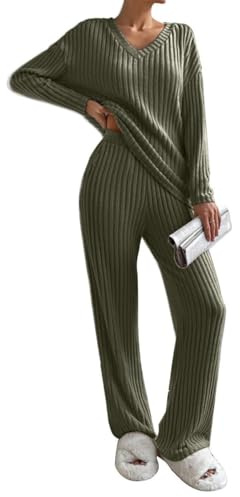 Joligiao Femme Ensemble de Pyjama à Manches Longue Haut et Pantalon à Taille Élastique Loungewear Ensemble Pyjama Couleur Unie Sleepwear Vêtement de Nuit Doux Respirant Vert Armée XL