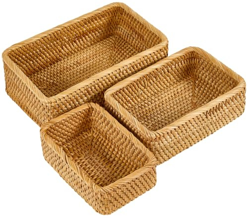 Whalehub Natural Rectangular Rattan Storage Baskets (Set of 3), Hand Woven Food and Fruit Serving Baskets, Wicker Organizer for Living Room, Bedroom, Kitchen