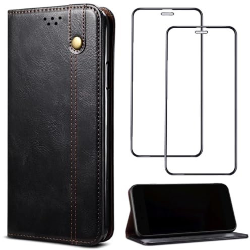 Czhwsm Compatible con Funda Moto E40 Plegable Funda con Ranura para Tarjeta de crédito y Atril, a Prueba De Golpes Cierre magnético Protectora Caso+2X Cristal Templado-Negro