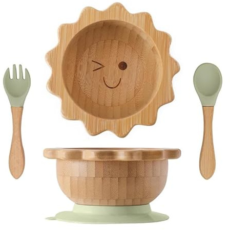 WholeVegan Service de table 3 pièces en bois pour bébé – Service de table pour repas avec ventouse en silicone, motifs animaux (bambou, silicone) (ensemble de soleil vert)