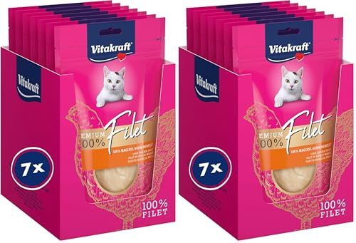 Vitakraft Premium Filet, Katzensnack, mageres Hühnchenfilet, schonend gegart, Hypoallergen, in Vorratsgröße, ohne Zusatz von Getreide (7X 70g) (Packung mit 2)