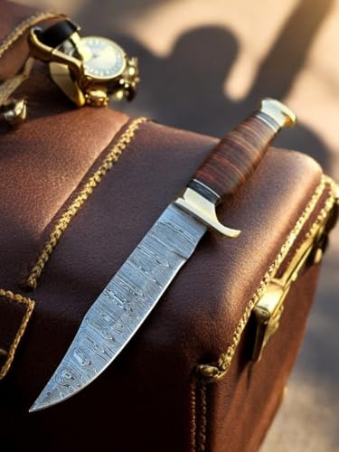 Poshland Custom Handmade Damascus Steel Inches Hunting Knife - Perfect Grip lesather Handle with Brass fitting (REG-592)