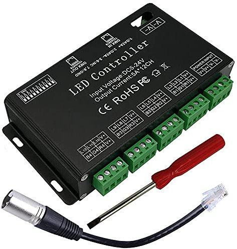 Lonrtesw 12 Channel Decoder RGB LED Controller 60A PWM DMX512 Dimmer Driver for RGB LED Strip and LED Module Light DC12V-24V