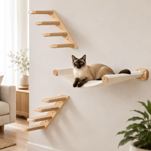 PELUOMOZ Katzen Wandmöbel Set, Hängematte mit Holz Kletterstufen | 3-teiliges Katzen Wandmöbel, Hängematte mit Plüsch und Canvas Seiten, Holz Kletterstufen, stabile Montage, belastbar bis 15kg