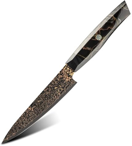 Juego de cuchillos de acero damasco japonés de 37 capas de cobre Vg10, cuchillo de chef for cocina, cuchillo for pelar frutas y carne con mango de resina de malla.(Utility knife)