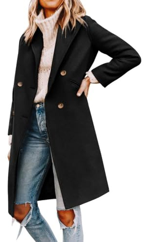 Cicy Bell Damen-Mantel mit eingekerbtem Reverskragen, zweireihig, Caban-Mantel aus Wollmischung, Winter-Überzieher, lange Jacken, Schwarz , L