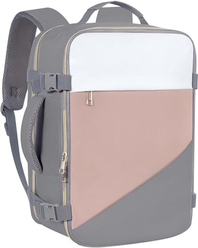 NatuFuse Ryanair Handgepäck Rucksack 40x20x25cm,Reiserucksack für Flugzeug mit 14 Zoll Laptop, Damen & Herren Kabinentasche, Grau-Weiß-Rosa