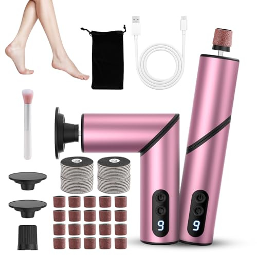 PKBD 2 in 1 Electric Foot Files Callus Remover & Nail Grinder,1800 mAh Waterproof 9 Speed Professional Foot File for Hard Skin Dry Dead Skin Cracked Heels Calluses with 60pcs Replacement Pads,Pink