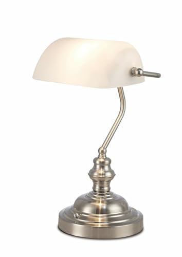 CEW COLCHESTER ELECTRICAL WHOLESALE LTD Deco Morgan Bankers Lamp Table Desk Lamp Satin Nickel White Glass Shade