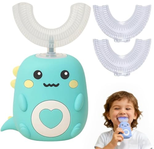 Vmhkjo Brosse à Dent Électrique Enfants, Loulou Smile Brosse a Dent, Brosse à Dents à Ultrasons à 360º,Brosse à Dents Electrique en forme de u avec 2 Têtes de Brosses Silicone(Vert,2-6)