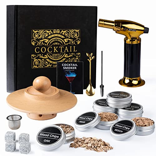 Whisky Smoker Kit – Old Fashioned Cocktail Geschenkset mit 6 aromatischen Holzchips, 4 Granit Whisky-Steinen, Brenner & Zubehör für Whiskey- und Cocktail-Liebhaber (Ohne Butan）
