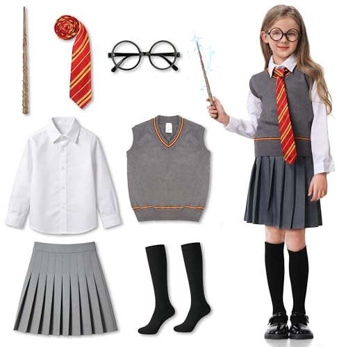 Charmofun Costume de Magicien Enfant, Ensemble de Carnaval Deguisement Filles avec Lunettes, Baguette Magique Lumineuse, Écharpe et Cravate Accessoires pour Cosplay Fête (155-165CM)