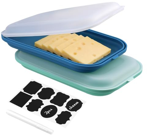 Set mit 2 Aufschnittbox Fresh Silikonmaterial für Käse, Aufschnitt, Fleisch | Aufschnittbox stapelbar,Frischhaltedosen mit Deckel,für Gefrierschrank, Mikrowelle und Spülmaschine (Blau+Cyan)