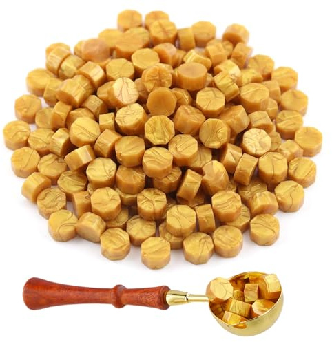 Hontaog 200 Stück Siegelwachs Perlen mit Schmelzlöffel, Wachssiegel Set für Einladungen, Karten, Umschläge, Geschenkverpackungen, Weinflaschen, Bastelprojekte, Gold