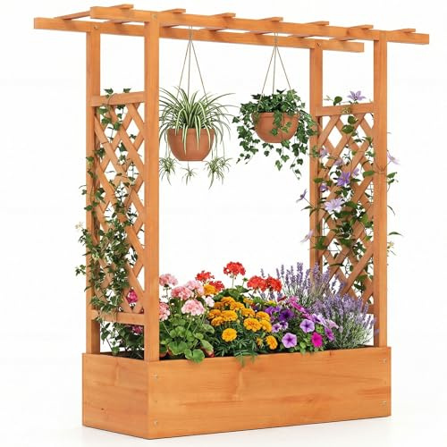 COSTWAY Cama de Jardín Elevada de Madera Abeto con Enrejado y Techo Colgante, Agujeros de Drenaje, Jardinera Exterior Grande para Plantas Trepadoras, Maceta de Enrejado, 110 x 35 x 114 cm (Naranja)