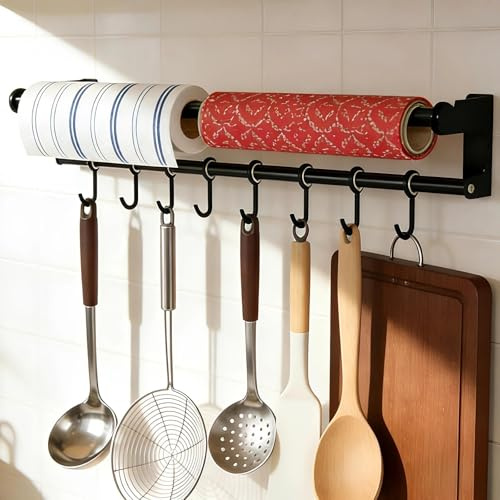 HECHKJ Barre de Ustensiles Suspension 60 cm, Porte-Ustensiles Mural avec 8 Crochets Déplaçable, Patère de Cuisine Multifonctionnel, avec Instructions, pour Spatules, Planches à Découper, Cuillères